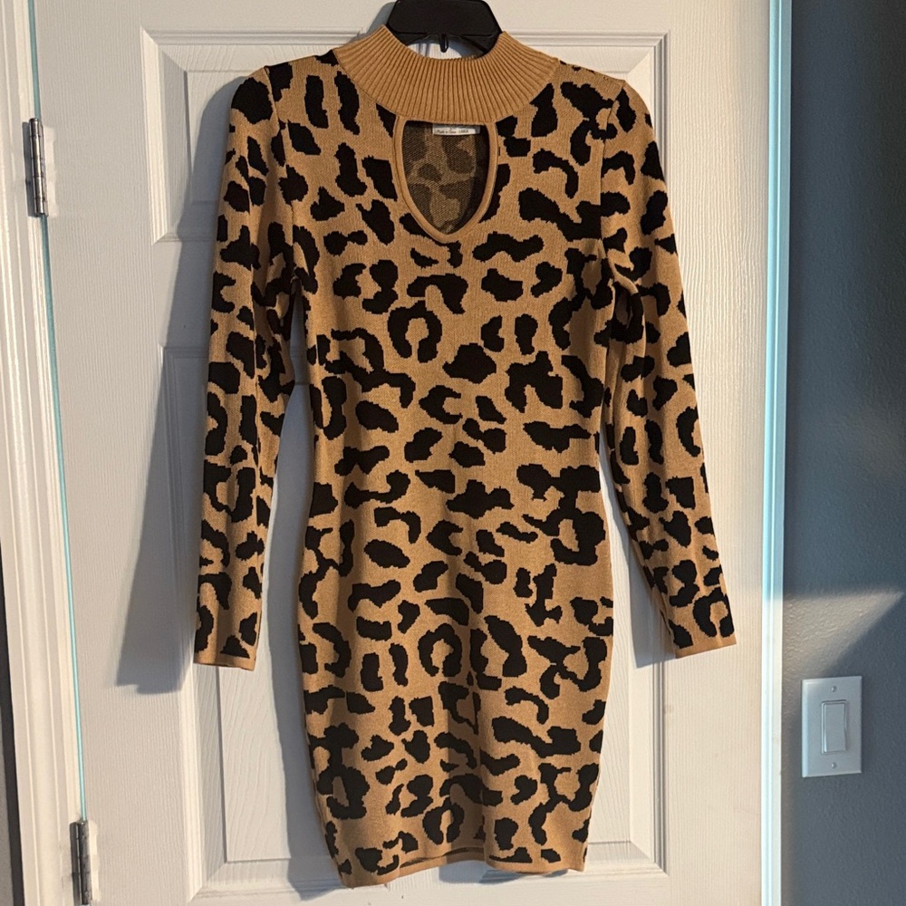 Always Tan and Black Leopard Long Sleeve Dress